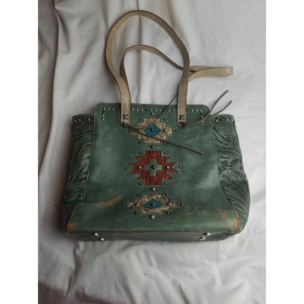 Montana West Tooled Leather Tote Bag Green‎ Southwestern Studded Western Aztec